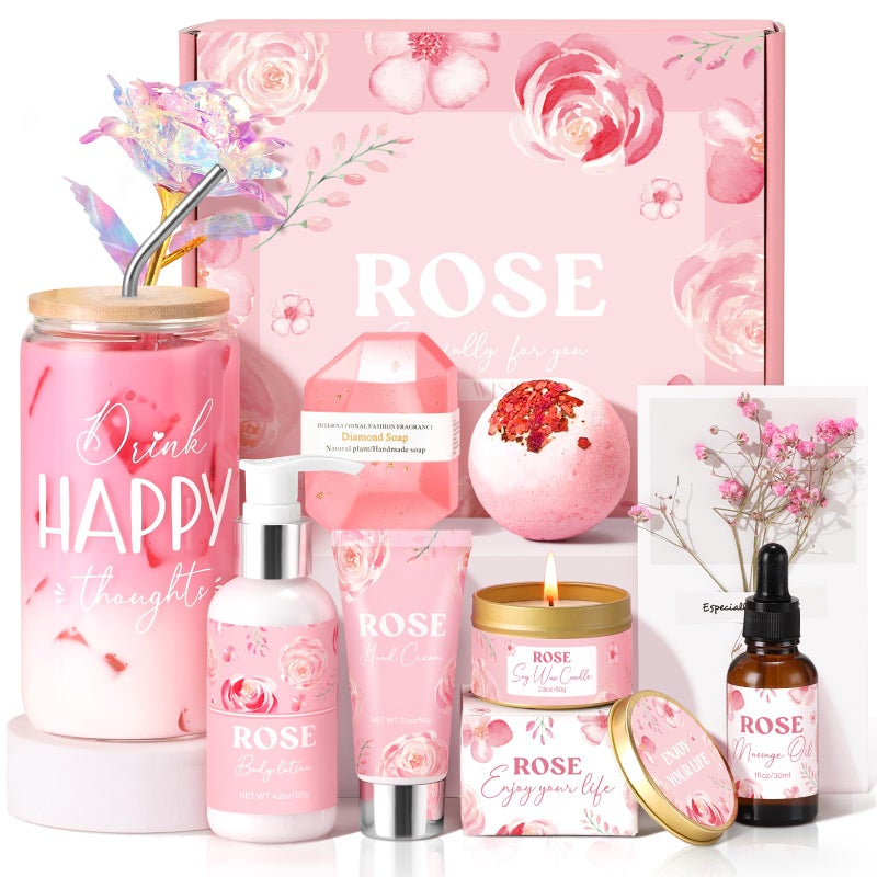 Birthday Gifts for Women Rose Relaxing Spa Gift Basket for Women Friendship Self Care Package Get Well Soon Thank You Gift Box Mothers Day Gifts for Mom Her Sister Wife Best Friends Coworker Bestie
